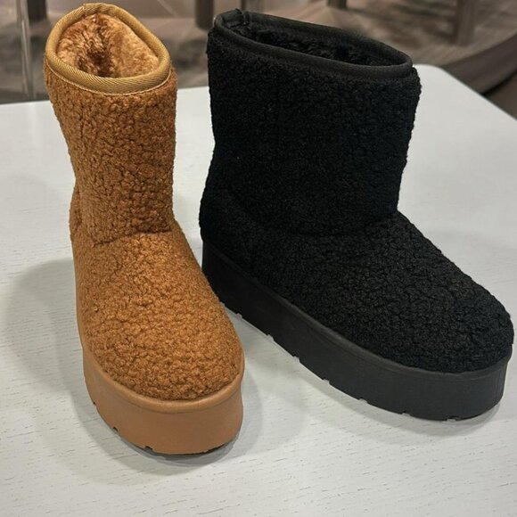 BROWN Shearling Faux Fur Mid Calf Platform Booties - Picture 1 of 4